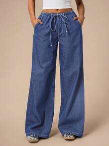 Forever 21 Women's Casual Loose Drawstring Waist Wide Leg Jeans - Blue - View 1