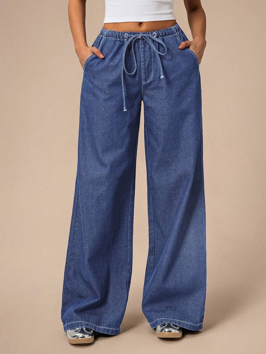 Forever 21 Women's Casual Loose Drawstring Waist Wide Leg Jeans - Blue - View 1