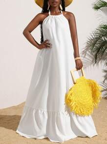 Slaydiva Summer Casual Vacation Sleeveless Ruffle Hem A-Line Long Dress For Women - White - View 7