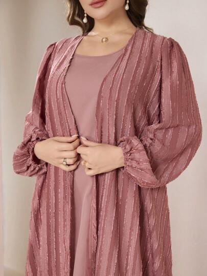 2pcs Plus Size Women Arabic Style Set: Minimalist Jacquard Long Sleeve Loose Cardigan And Solid Crew Neck Sleeveless Loose Casual Dress, Spring/Summer