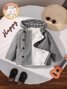 男婴/女婴灰色格子双排扣连帽厚羊毛中长夹克，学院风百搭休闲百搭适合室内外，秋冬