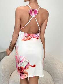 Firerie Vestido corto con cuello en V, elegante, minimalista y delicado, con estampado floral romántico, sin espalda y decoración de mariposa y orquídea, adecuado para citas, vacaciones y el Día de San Valentín - Multicolor - Ver 5