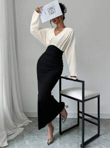 Firerie Women's Elegant Contrast Color Splice Batwing Sleeve Dress