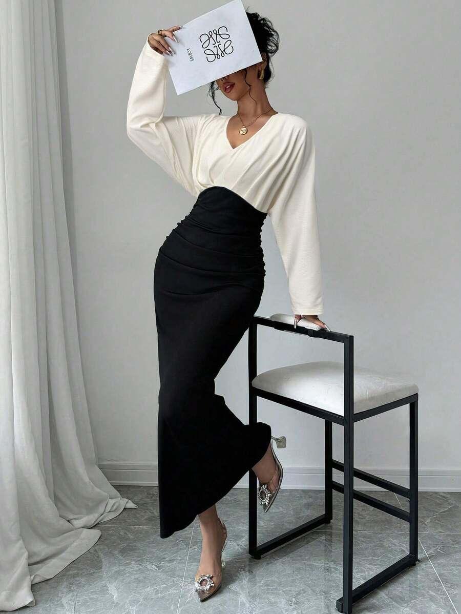 Firerie Women's Elegant Contrast Color Splice Batwing Sleeve Dress