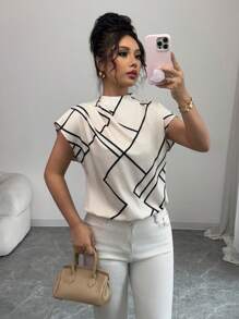 Elenzga Women's Casual Elegant Stand Collar Asymmetric Geometric Digital Print Short Sleeve Blouse, Spring/Summer