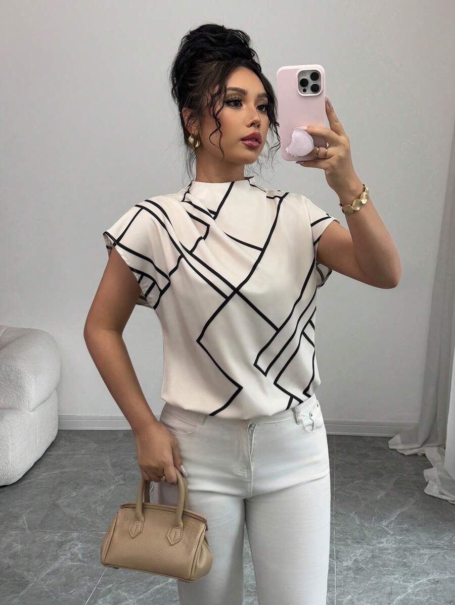 Elenzga Women's Casual Elegant Stand Collar Asymmetric Geometric Digital Print Short Sleeve Blouse, Spring/Summer