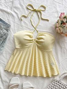 Soleia Atuendo informal de invitado de boda en la playa, brunch de graduación, Día de San Patricio, vacaciones de primavera, Pascua, festival de música, elegante estilo boho tropical chic. Nueva parte superior tipo camiseta de punto texturizada con tirantes de espagueti y nudo delantero en marfil y amarillo.