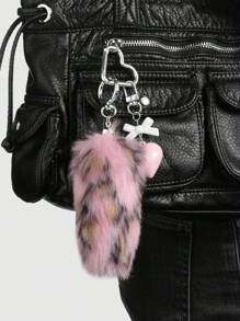 ROMWE Grunge Punk 1pc Exquisite Retro Stylish High-Quality Acrylic Bowknot, Heart-Shaped, Faux Fur Leopard Print Animal Tail Keychain & Keyring, Fashionable Accessory Gift For Women - Pink - View 9