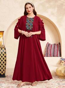 SHEIN Teen Girl Casual Vacation Patchwork Vintage Retro Print Sequin Tassel Bow Decor Maxi Dress, Woven - Red - View 4