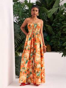Slaydiva Bộ đồ liền thân ống rộng không dây họa tiết hoa du lịch biển thường ngày xuân/hè 2025 dành cho nữ - Nhiều màu - Xem 6