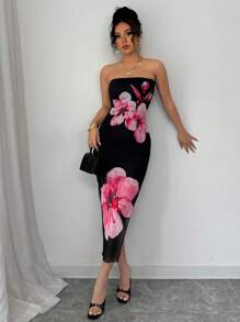 Elenzga Women's Strapless Flower Print Sexy Dress