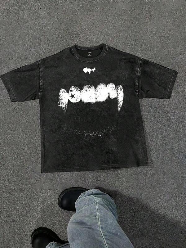 Manfinity ZONE917 Loose Street Style White Distressed Vampire Fang & Star Print Black Splatter T-Shirt