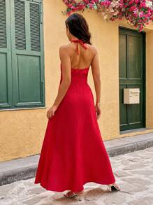 Chiquease Solid Color Chiffon Halter Slit Maxi Red Dress For Women, Summer - Red - View 2