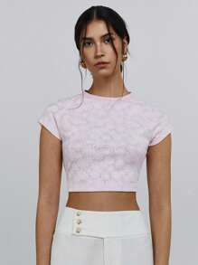 Athîral Women Floral Pattern Raglan Sleeve Crop Casual T-Shirt - Pink - View 4