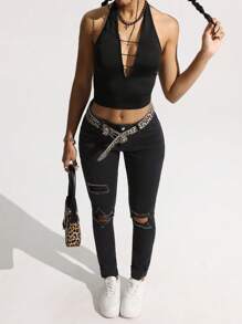 SHEIN EZwear 女式口袋破洞紧身休闲百搭牛仔裤 - 黑色 - 查看 3