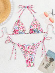 SHEIN Swim 女士花卉印花露背比基尼套装，度假泳装，随意印花，适合夏季海滩度假 - 彩色 - 查看 5