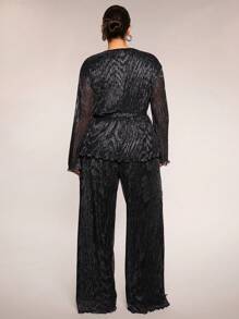 SHEIN BAE Plus Size Women 2 Pieces Set, Loose Black & Silver Long Sleeve Top And Wide-Leg Pants, Suitable For Casual Wear, Night Out, Date, Party, Afternoon Tea, Concert - Black - View 2