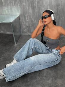 SHEIN Jeans décontractés à jambe large avec poches inclinées et taille basse