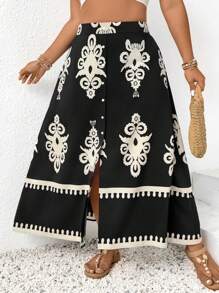 SHEIN Frenchy Plus Size Random Printed Front Button Skirt, Casual Vacation