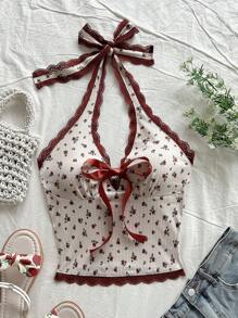 Soleia 度假碎花蕾丝边蝴蝶结露背吊带上衣 - 紅白色 - 查看 3
