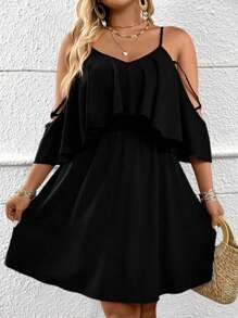 SHEIN LUNE Women's Hollow Out Shoulder Short Sleeve Cinched Waist Slim Fit Dress - Black - View 1