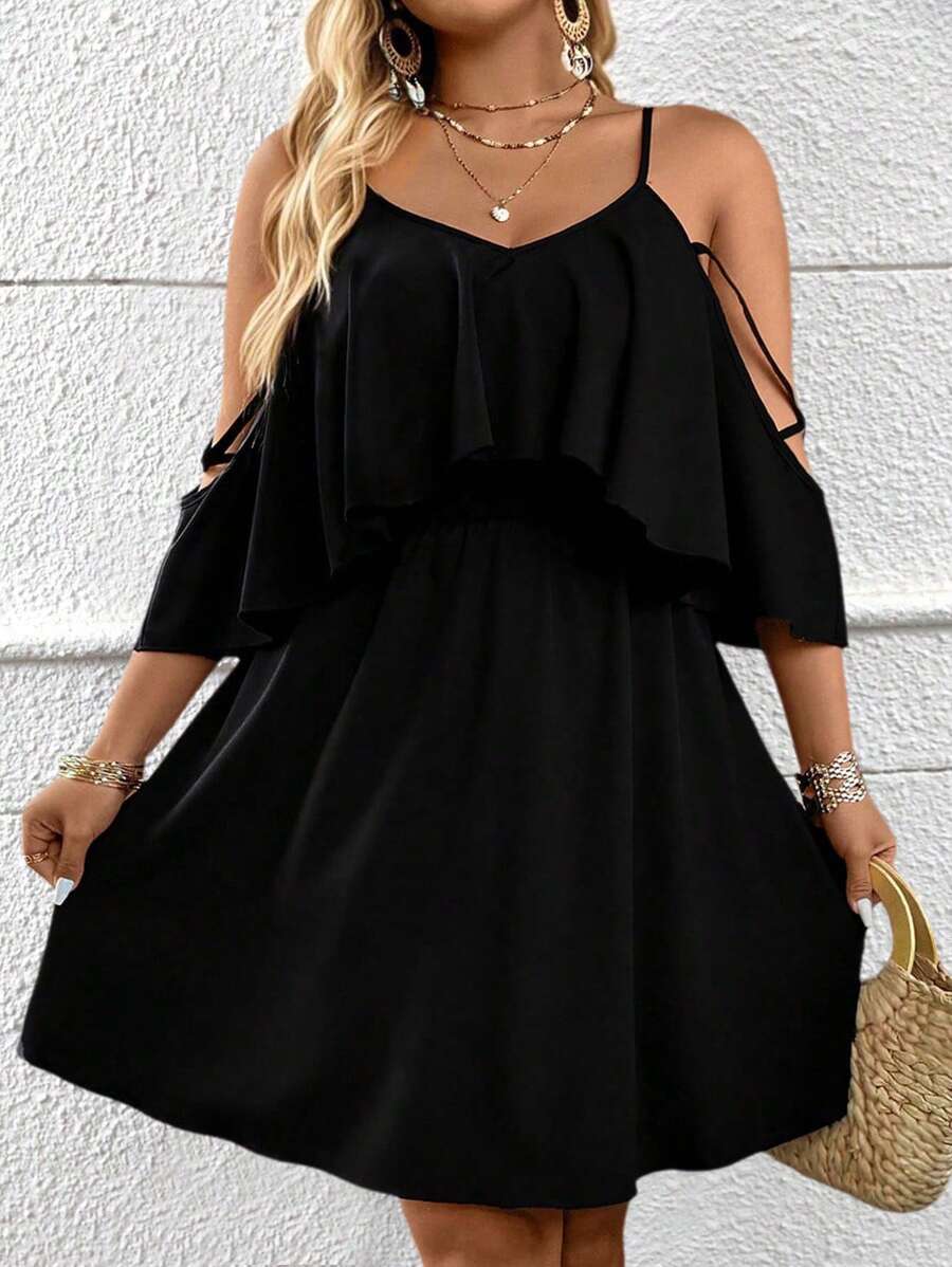 SHEIN LUNE Women's Hollow Out Shoulder Short Sleeve Cinched Waist Slim Fit Dress - Black - View 1