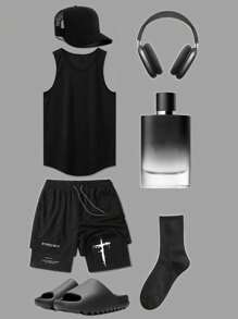 Manfinity Sport Corelite Men's Solid Color Sports Tank Top And Shorts Set, Minimalist Style - Black - View 1