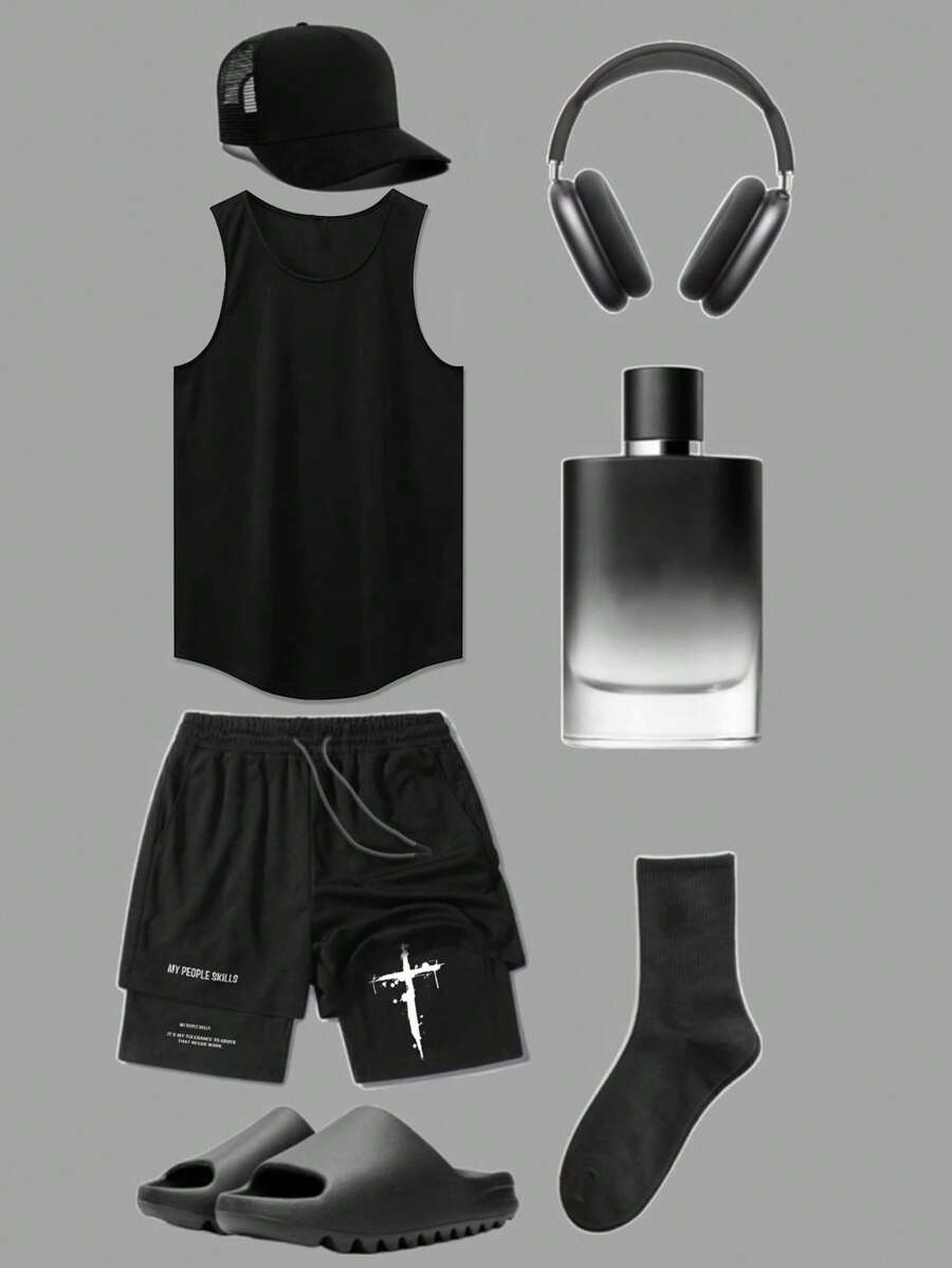 Manfinity Sport Corelite Men's Solid Color Sports Tank Top And Shorts Set, Minimalist Style - Black - View 1