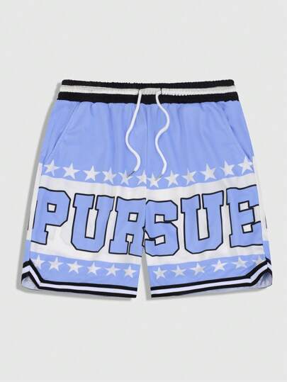 Prep Men's Woven Contrast Color Star & Letter Print Basketball Shorts