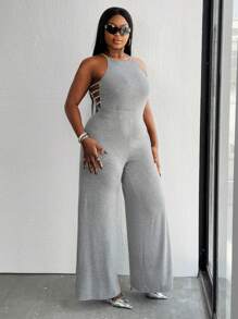 Maweii Plus Size Women Sexy Hollow-Out Spaghetti Strap Wide Leg Jumpsuit - Grey - View 3