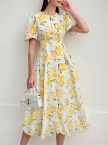 Firerie 女式花卉印花泡泡袖短袖连衣裙，适合情人节、音乐会、约会、派对、婚礼、性感、优雅、通勤、返校、度假、海滩、浪漫