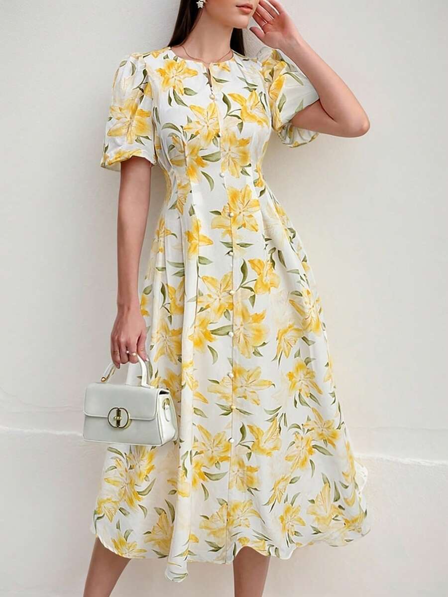 Firerie 女式花卉印花泡泡袖短袖连衣裙，适合情人节、音乐会、约会、派对、婚礼、性感、优雅、通勤、返校、度假、海滩、浪漫