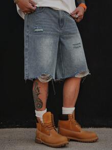 DAZY Washed Blue Ripped Denim Shorts For Men, Summer - Blue - View 1