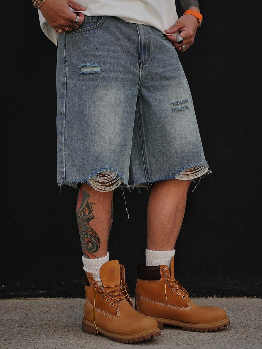 DAZY Washed Blue Ripped Denim Shorts For Men, Summer - Blue - View 1