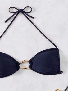 SHEIN Swim 女士春假海滩装，时尚露背系带性感镂空海滩度假泳装套装 - 藍色 - 查看 4