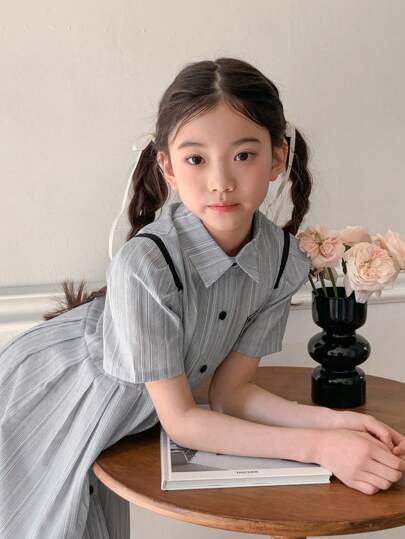 DAZY Tween Girls' Summer Casual Striped Button Front Dress, College Style,Back To School Clothes