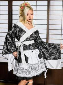 ROMWE J-Fashion 女士时尚和服风格撞色蕾丝拼布长袖衬衫 - 黑色 - 查看 4