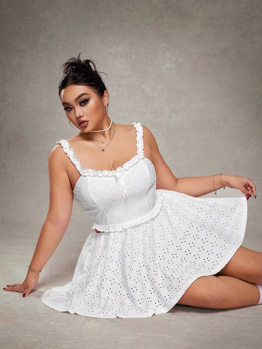 SHEIN ICON Plus Size 2 Pieces Set: White Square Collar Ruffle Hem Camisole And A-Line Skirt, Wedding Guest Outfit, Spring Vacation & Date Night Ensemble - White - View 1