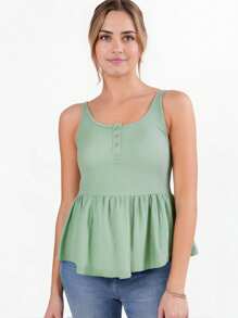 SHEIN LUNE Camiseta con tirantes para mujer con volante en el bajo y apertura con botones en la parte delantera para usar en la playa - verde menta - Ver 6