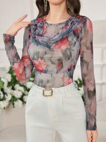 Modelyn Women's Mesh Print Loose Crew Neck Long Sleeve Casual Fitted T-Shirt - Multicolor - View 3