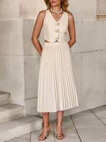 SHEIN Clasi 优雅婚礼风格背心和百褶裙两件套，前开单扣 2 件女式 3D 花卉背心和百褶裙套装节日优雅老款女士夏季服装两件套女士、夏季服装、夏季服装、女士沙滩装、乡村音乐会服装、休闲度假服装、乡村服装、女士商务休闲装 - 杏色 - 查看 5