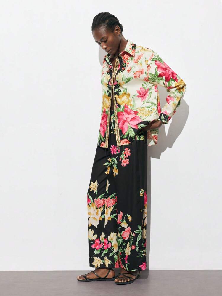 SHEIN Maija Black Base Printed Design Flowy Wide Leg Pants, Comfortable Casual Versatile Spring/Summer Women's Vacation Resort Wear