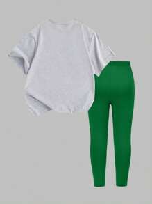 SHEIN Explorewe 青少年女孩休闲心形图案 T 恤和紧身裤两件套服装、时尚和基本款式 - 彩色 - 查看 2