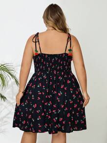 SHEIN CURVE+ 大码女式黑樱桃印花罩杯风格浪漫休闲度假连衣裙波西米亚风度假