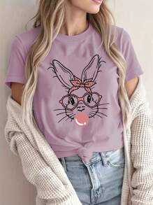 INAWLY Rabbit Cartoon Round Neck Short Sleeve T-Shirt, Suitable For Casual Easter