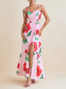 BELANGE HANDMADE Designer Women's Pink Floral Print Tie-Up Shoulder Straps Slit Ruffle Hem Long Sundress, Valentine's Day Date Party Spring Summer Dress, Concert Outfit, Rave Outfits Pastel, Prom Dress, Brunch Outfits, Tea Party Dress, For Festival, Spring Break