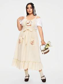 ROMWE Fairycore Women's Pastoral Style Deer Embroidered Apron, Spring/Summer - Green - View 5