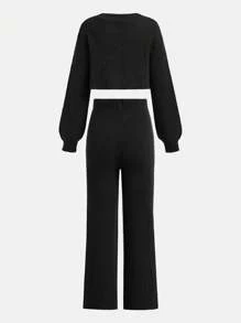 SHEIN Leap Crew Teen Girls Khaki V-Neck Cardigan & Pants Knit Casual Sweater Set