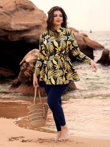 Swim Mulvari Plus Size Women   3D Leaf Print Long Sleeve Long Pants Modest Casual Vacation 2Pcs Tie-Up Swimsuit - Multicolor - View 4