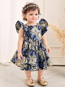 SHEIN Summer Cute & Elegant Black Floral Pattern Babygirl Dress - Black - View 3